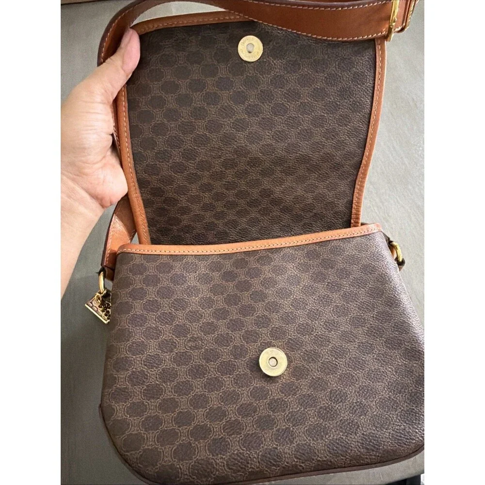 CELINE Macadam Canvas Shoulder Bag PVC Leather Brown Gold Authentic